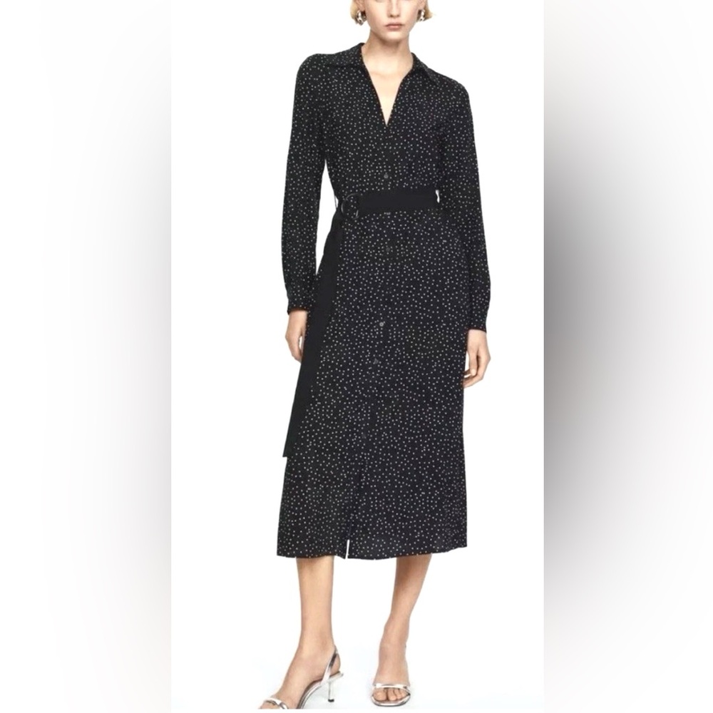 MANGO Black Polka Dot Long-Sleeve Belted Midi Shirtdress 4/S